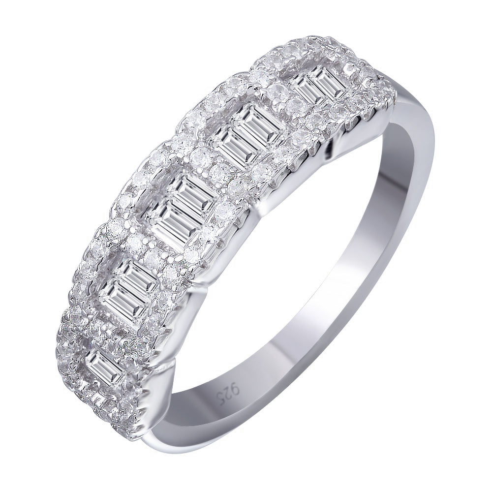 High Polished Rhodium Plated 925 Sterling Silver Square CZ Ring Band Sizes 5-9