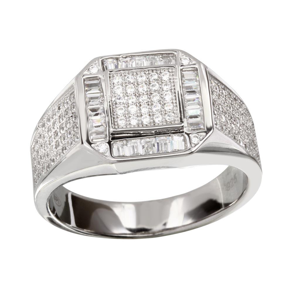 Polished Rhodium Plated 925 Sterling Silver Men's Square CZ Ring Band Sizes 9-12