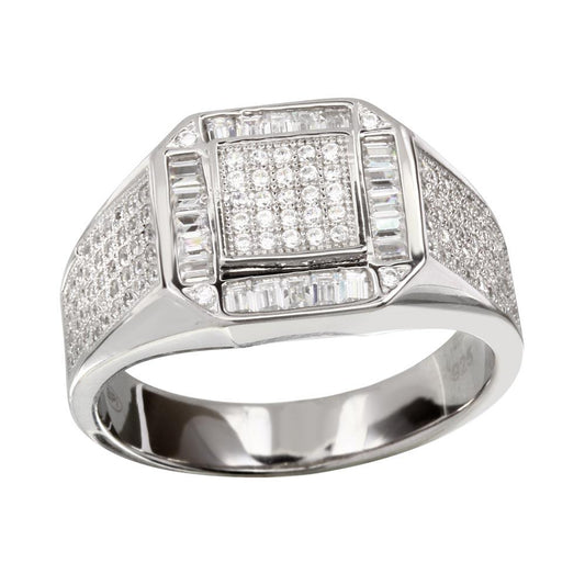 Polished Rhodium Plated 925 Sterling Silver Men's Square CZ Ring Band Sizes 9-12
