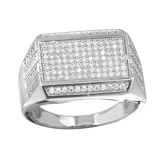 Rhodium Plated 925 Sterling Silver Men's Rectangular Ring Clear CZ Sizes 8-12