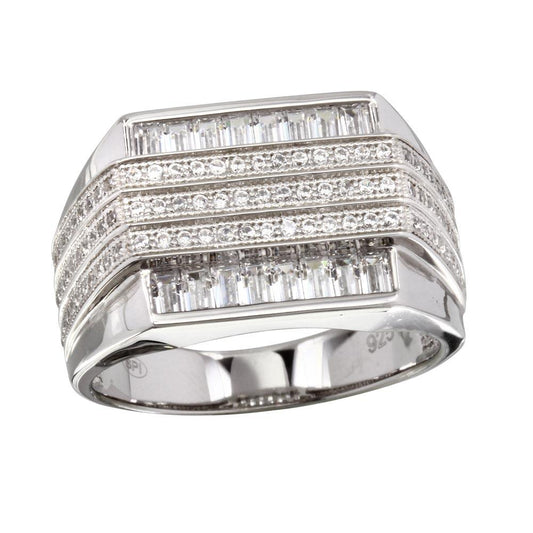Polished Rhodium Plated 925 Sterling Silver Men's Bar CZ Ring Band Sizes 9-12