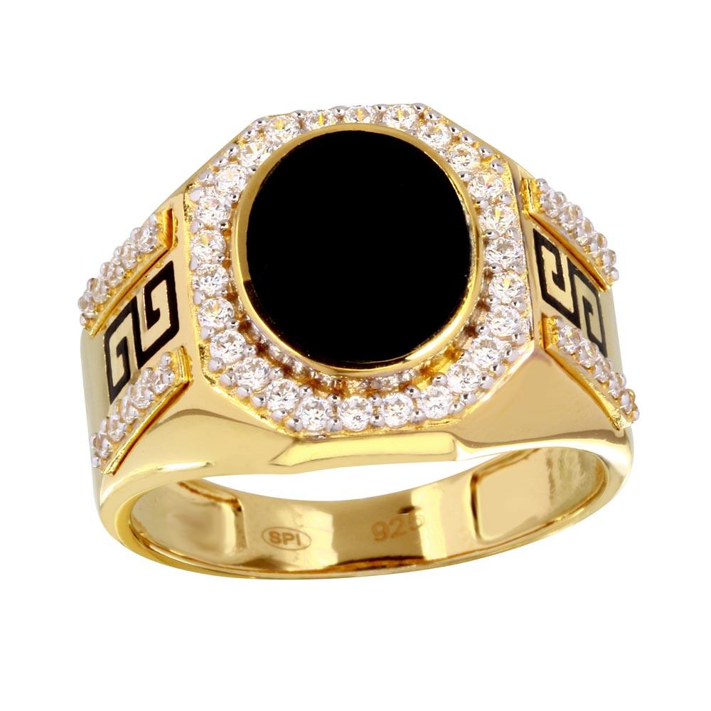Gold Plated 925 Sterling Silver Men's Flat Oval Onyx Ring Clear CZ Sizes 9-12