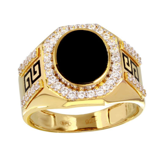 Gold Plated 925 Sterling Silver Men's Flat Oval Onyx Ring Clear CZ Sizes 9-12