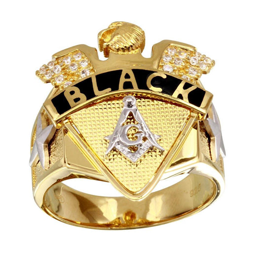 Gold Plated 925 Sterling Silver Men's Black Masonic Symbol Ring Band Sizes 9-12