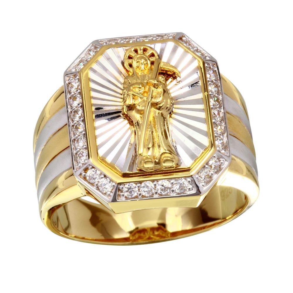 Two-Tone 925 Gold Plated Sterling Silver Santa Muerte Ring Clear CZ Sizes 9-12