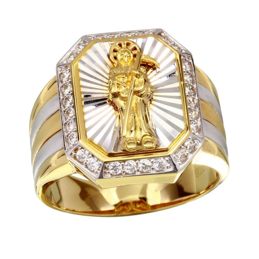 Two-Tone 925 Gold Plated Sterling Silver Santa Muerte Ring Clear CZ Sizes 9-12