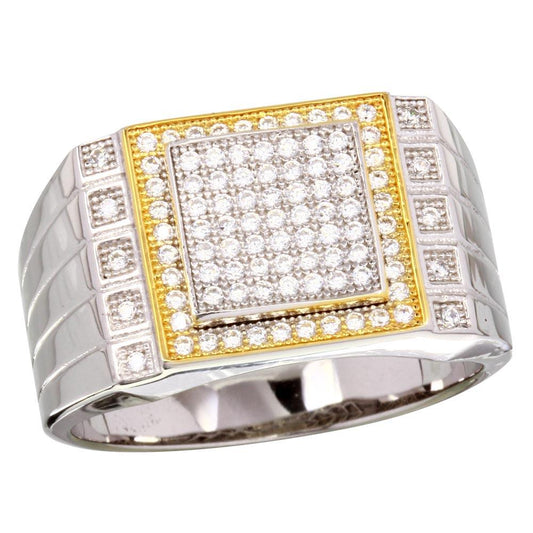 Two-Tone 925 Rhodium Plated 925 Sterling Silver Square CZ Men's Ring Sizes 9-12
