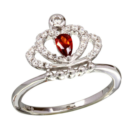 Polished Rhodium Plated 925 Sterling Silver Red CZ Crown Ring Band Sizes 5-9