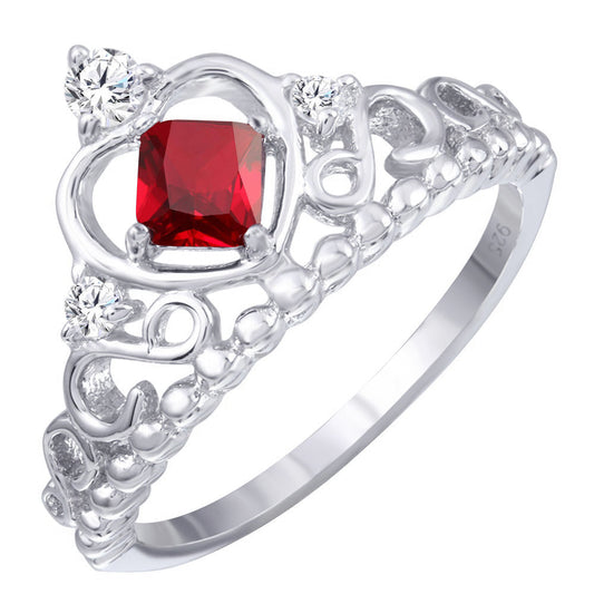 Rhodium Plated 925 Sterling Silver Crown Ring Red & Clear CZ Band Sizes 5-9