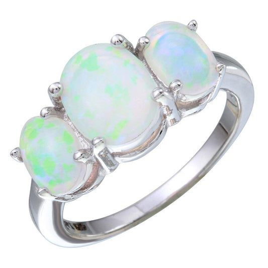 Polished Rhodium Plated 925 Sterling Silver Synthetic Opal Ring Band Sizes 5-9