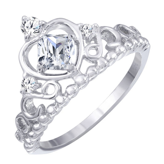 Polished Rhodium Plated 925 Sterling Silver Crown Ring Clear CZ Band Sizes 5-9