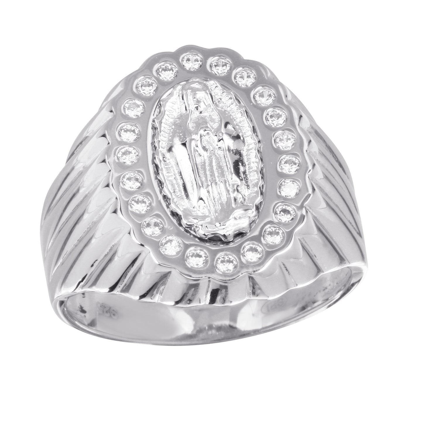 Rhodium Plated 925 Sterling Silver Guadalupe Ring Clear CZ Band Sizes 9-12