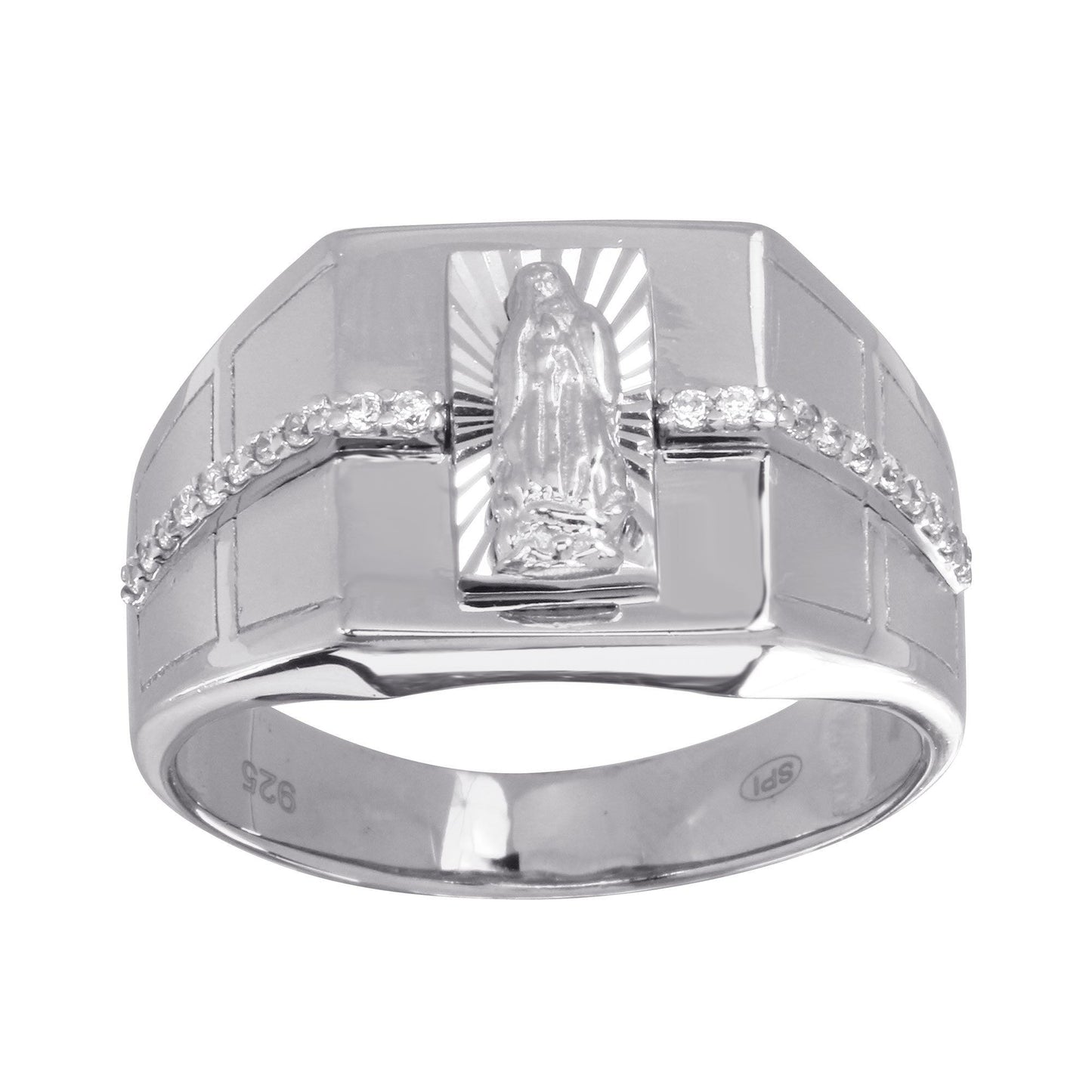 Rhodium Plated 925 Sterling Silver Lady of Guadalupe Ring Clear CZ Sizes 9-12