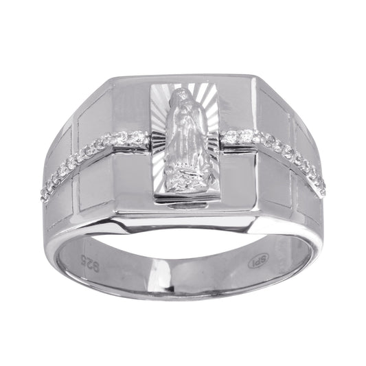Rhodium Plated 925 Sterling Silver Lady of Guadalupe Ring Clear CZ Sizes 9-12