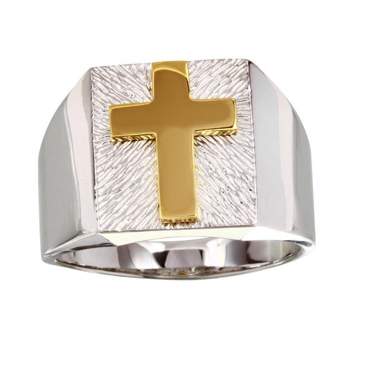 Two-Tone 925 Gold Plated Sterling Silver Men's Cross Ring Band Sizes 9-12