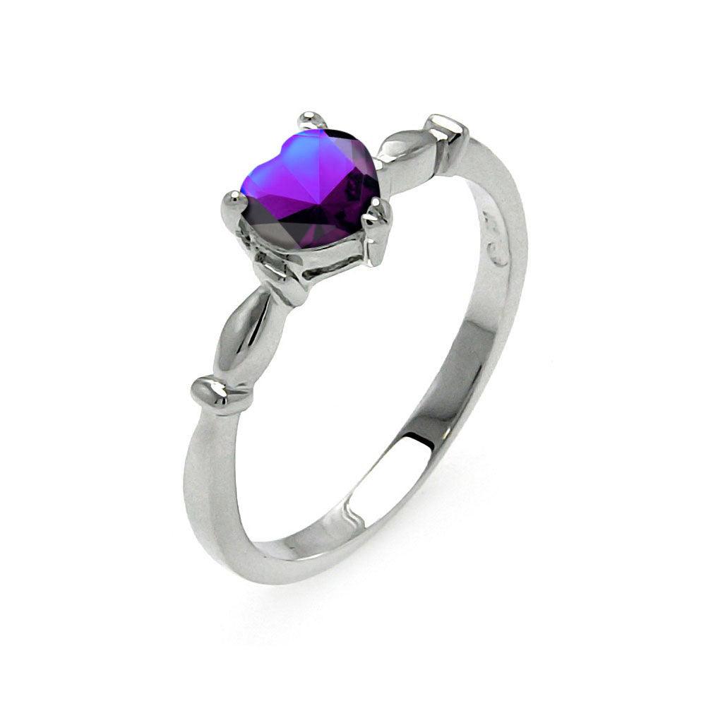 Rhodium Plated 925 Sterling Silver CZ Heart Purple February Ring Band Sizes 5-9