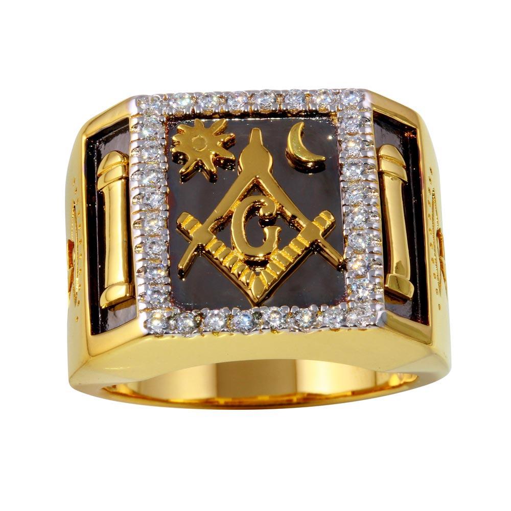 Two-Tone 925 Gold Plated Sterling Silver Masonic Square Ring Clear CZ Sizes 9-12