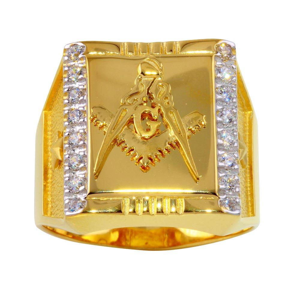 Two-Tone 925 Gold Plated Sterling Silver Square Masonic Ring Clear CZ Sizes 9-12