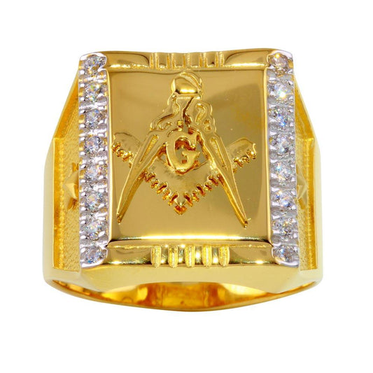 Two-Tone 925 Gold Plated Sterling Silver Square Masonic Ring Clear CZ Sizes 9-12