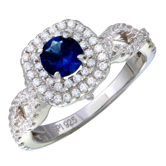Polished Rhodium Plated 925 Sterling Silver Blue & Clear CZ Ring Band Sizes 5-9