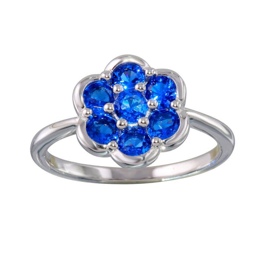 Polished Rhodium Plated 925 Sterling Silver Blue CZ Flower Ring Band Sizes 5-9