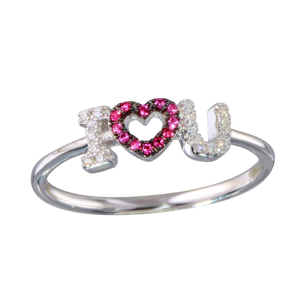 Rhodium Plated Sterling Silver "I Heart U" Ring Pink & Clear CZ Band Sizes 5-9