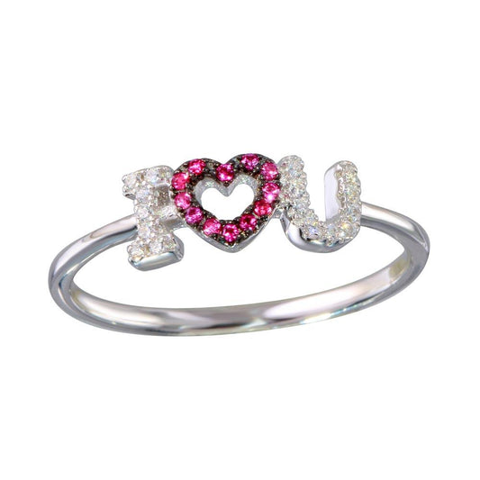 Rhodium Plated Sterling Silver "I Heart U" Ring Pink & Clear CZ Band Sizes 5-9