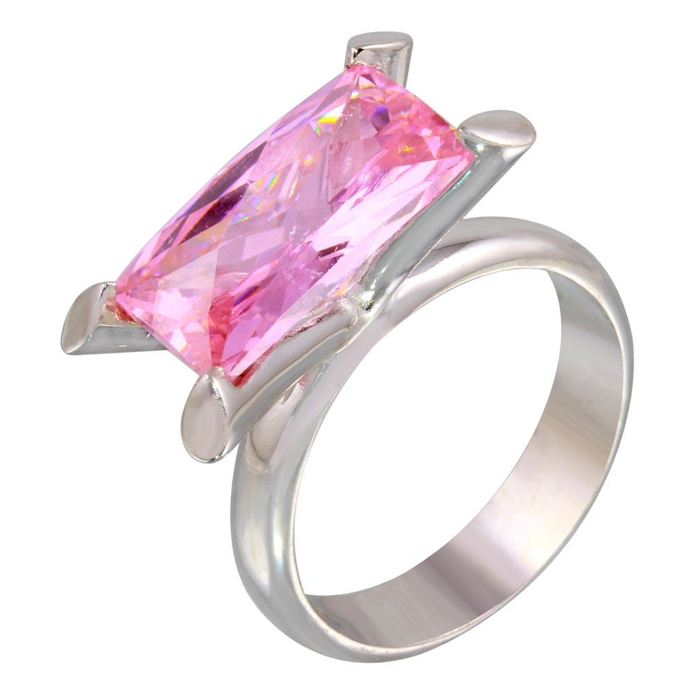 Polished Rhodium Plated 925 Sterling Silver Pink Baguette CZ Ring Band Sizes 5-5
