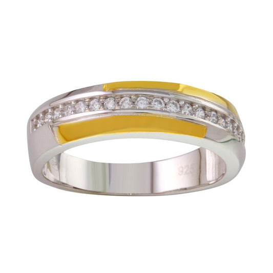 Polished Two-Tone 925 Gold Plated Sterling Silver Ring Clear CZ Band Sizes 9-12