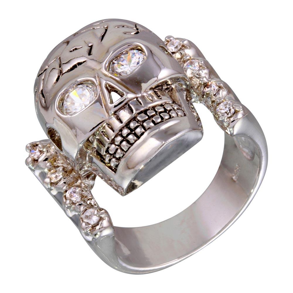 Rhodium Plated 925 Sterling Silver CZ Eye Cracked Skull Ring Band Sizes 9-9