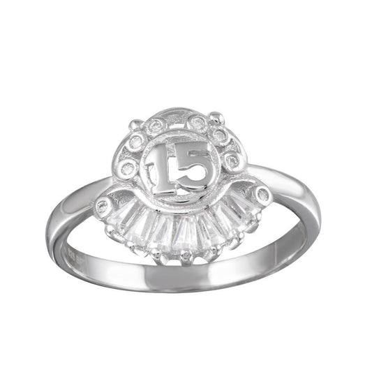 Polished Rhodium Plated 925 Sterling Silver 15 Birthday Ring Clear CZ Sizes 5-9