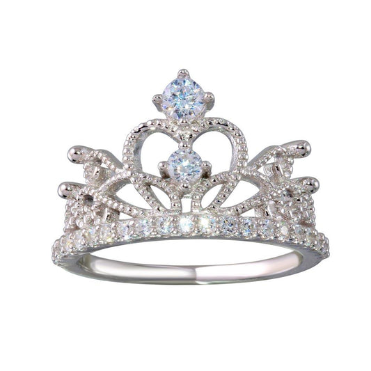 High Polished Rhodium Plated 925 Sterling Silver Crown Ring CZ Band Sizes 5-9