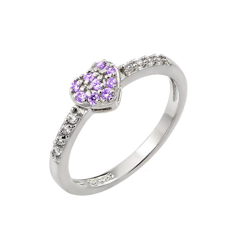 Rhodium Plated 925 Sterling Silver CZ February Simulated Heart Ring Sizes 5-9