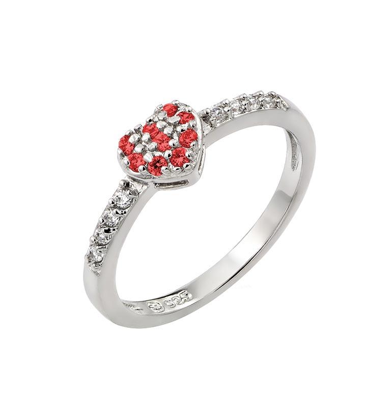 Rhodium Plated Sterling Silver CZ July Simulated Birthstone Heart Ring Sizes 5-9