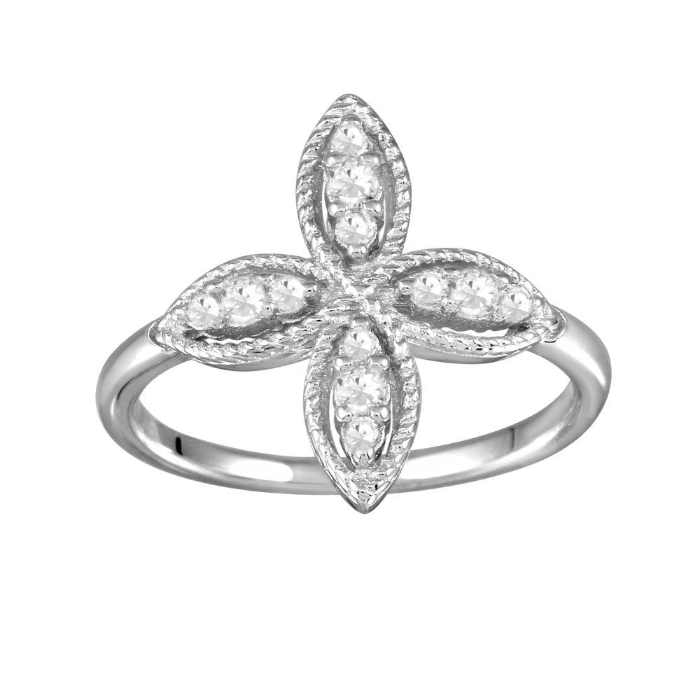 Polished Rhodium Plated 925 Sterling Silver Four Petal Ring Clear CZ Sizes 5-9