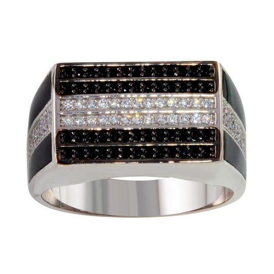 Rhodium Plated 925 Sterling Silver Rectangle Ring Clear & Black CZ Sizes 9-12