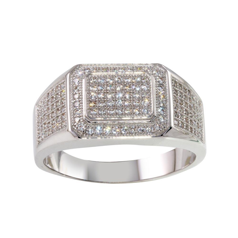 Polished Rhodium Plated 925 Sterling Silver Men's Ring Clear CZ Band Sizes 8-12