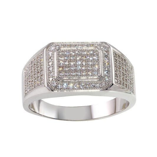 Polished Rhodium Plated 925 Sterling Silver Men's Ring Clear CZ Band Sizes 8-12