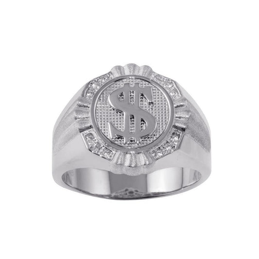 Rhodium Plated 925 Sterling Silver Dollar Sign $ Ring Clear CZ Band Sizes 9-12