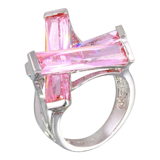 Polished Rhodium Plated 925 Sterling Silver Pink Baguette CZ Ring Band Sizes 5-5