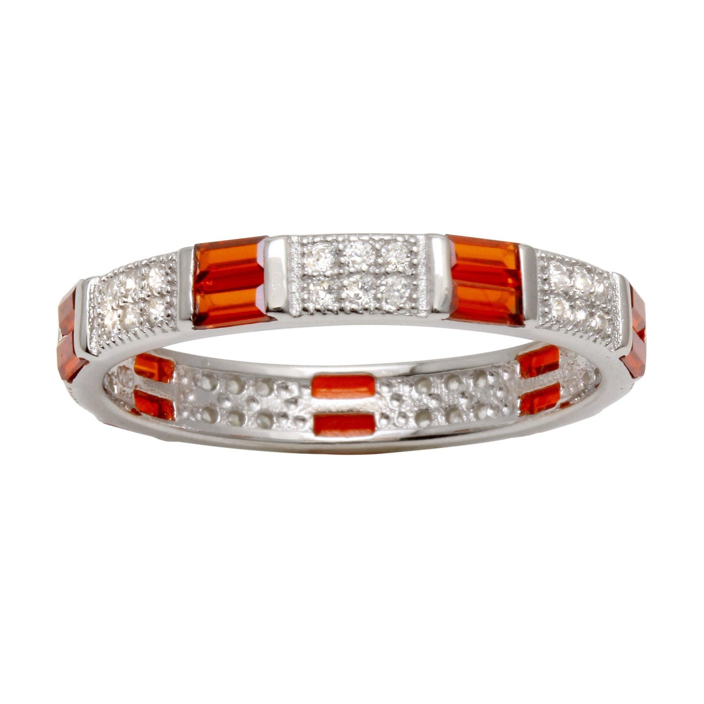 Rhodium Plated 925 Sterling Silver Pattern Eternity Ring Red Clear CZ Sizes 5-9