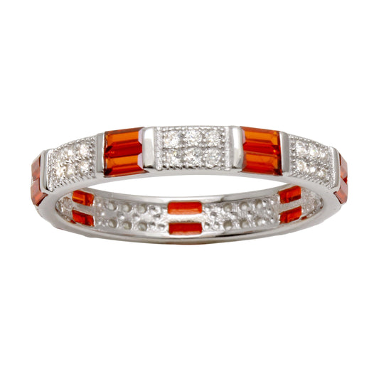 Rhodium Plated 925 Sterling Silver Pattern Eternity Ring Red Clear CZ Sizes 5-9