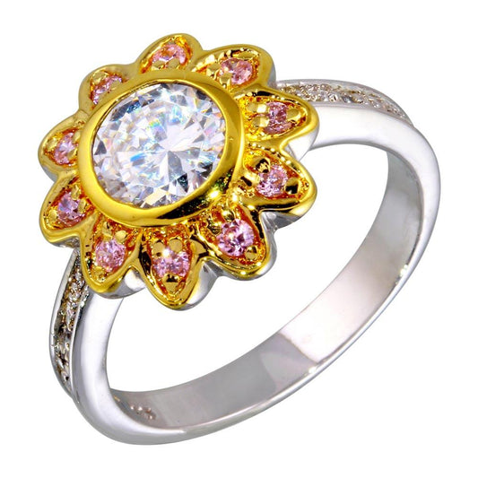 Two-Tone 925 Gold Plated Sterling Silver Clear & Pink CZ Flower Ring Sizes 9-9