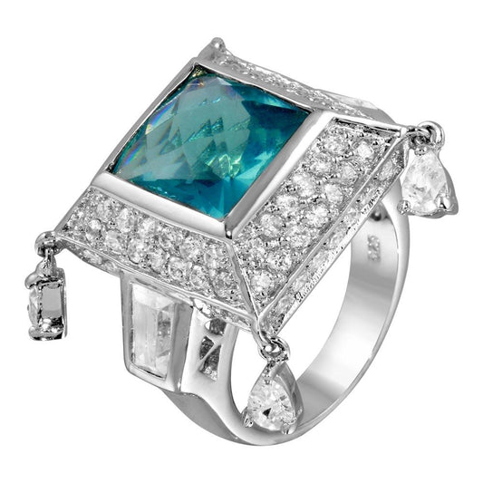 Rhodium Plated 925 Sterling Silver Clear & Blue CZ Pyramid Ring Band Sizes 5-9