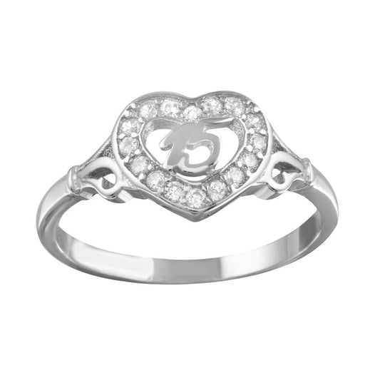 Rhodium Plated 925 Sterling Silver Heart 15 Birthday Ring Clear CZ Sizes 5-9