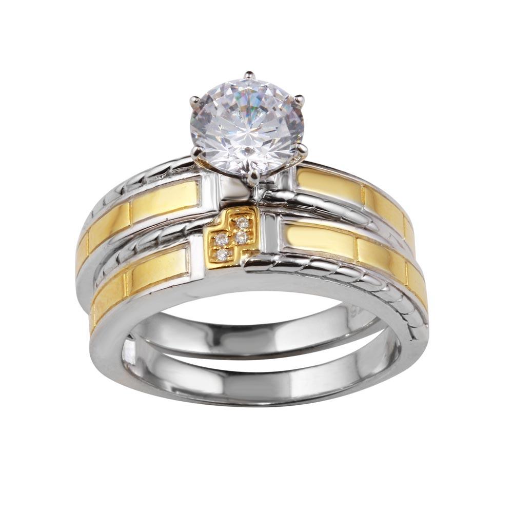 Two-Tone 925 Gold Plated Sterling Silver Wedding Ring Set CZ Band Sizes 5-9