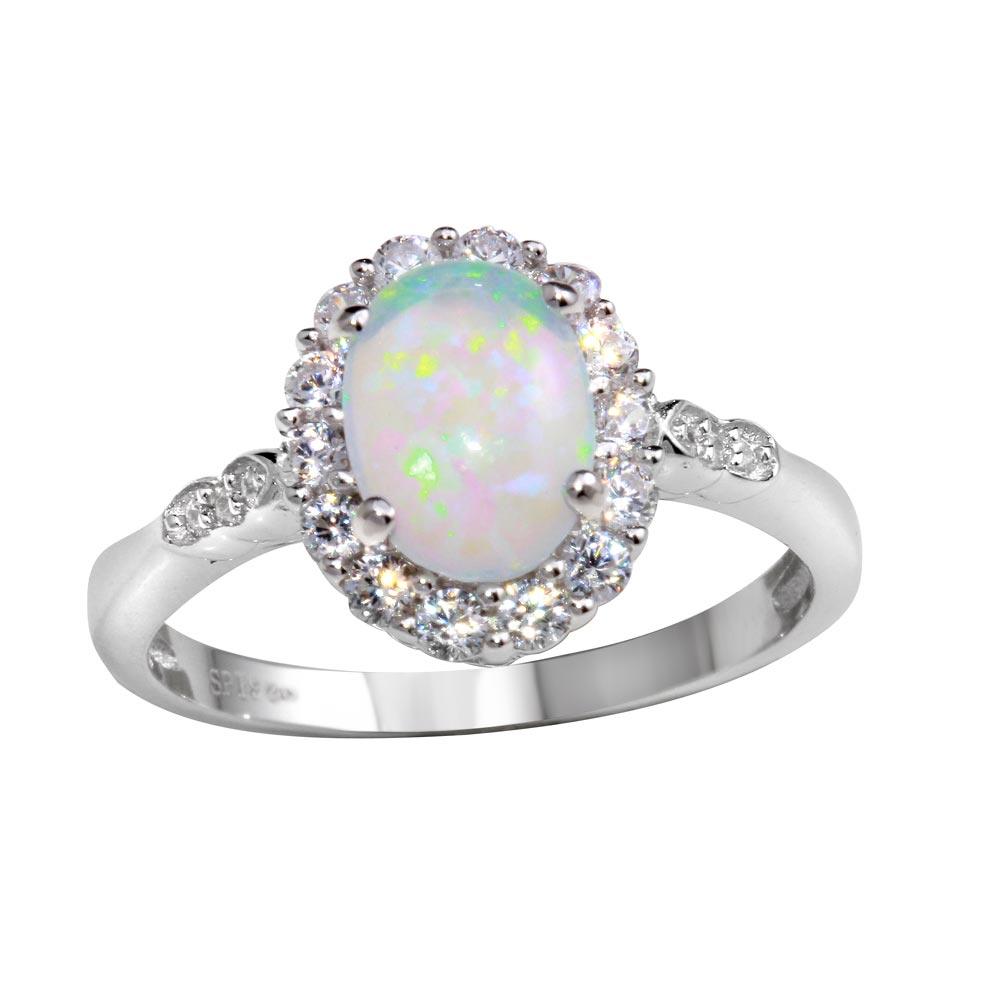 Rhodium Plated 925 Sterling Silver Round Synthetic Opal Ring Band Sizes 5-9
