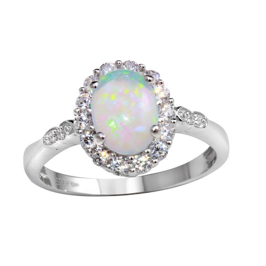 Rhodium Plated 925 Sterling Silver Round Synthetic Opal Ring Band Sizes 5-9