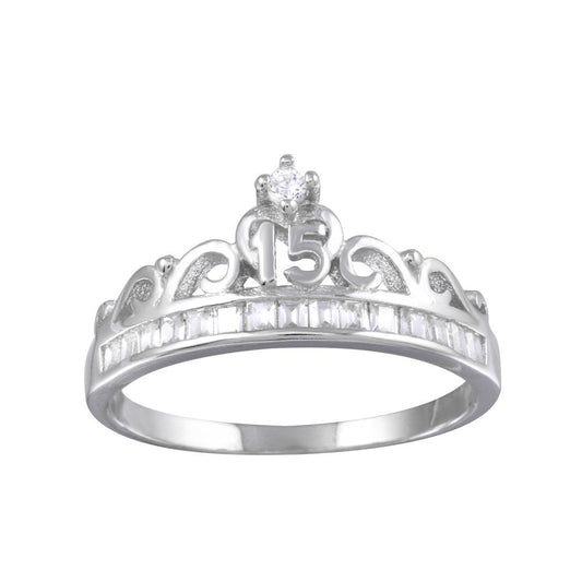 Rhodium Plated 925 Sterling Silver Crown 15 Birthday Ring CZ Band Sizes 5-9