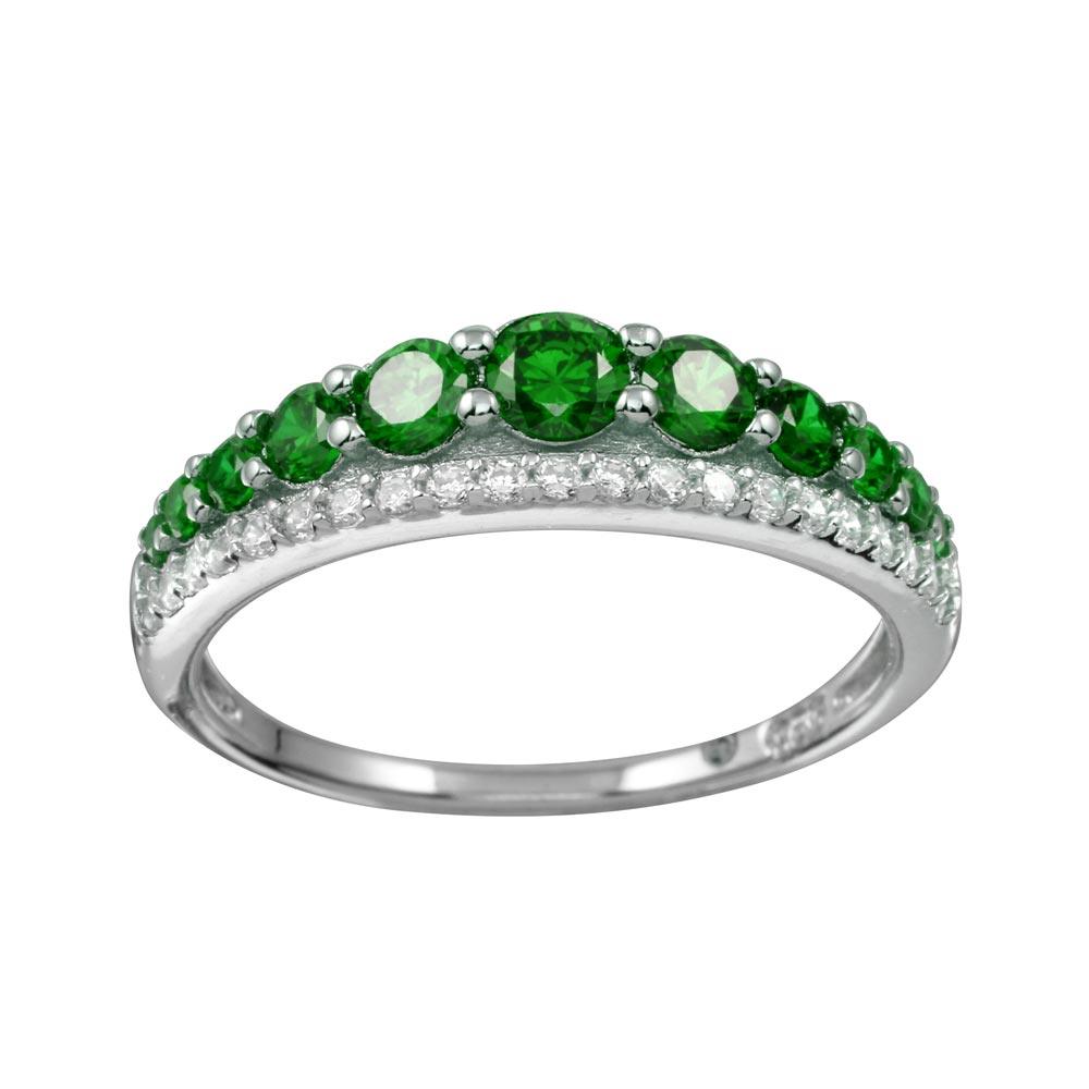 Rhodium Plated 925 Sterling Silver Green & Clear CZ Ring Band Sizes 5-9